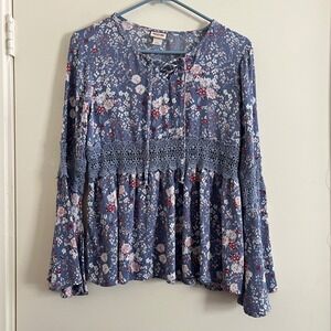 Mossimo Women Floral Bell Flared Sleeves Top Large Crochet Lace Up Tie Y2K Boho